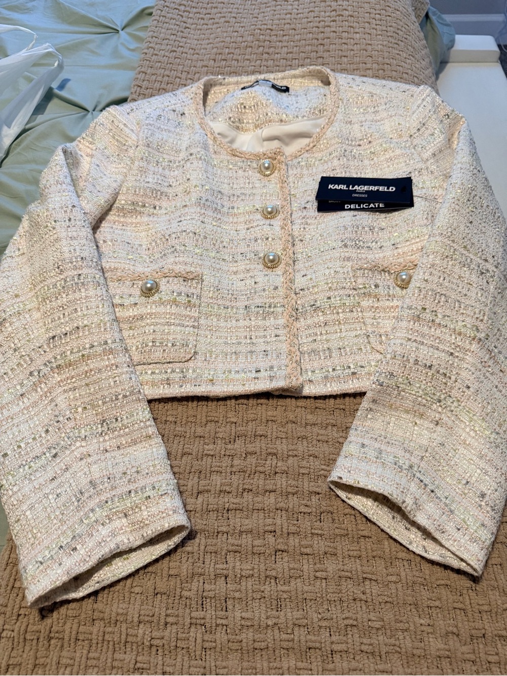 NWT Karl Lagerfeld Women’s Tweed Dress Jacket Pink and Cream with Pastel Accents